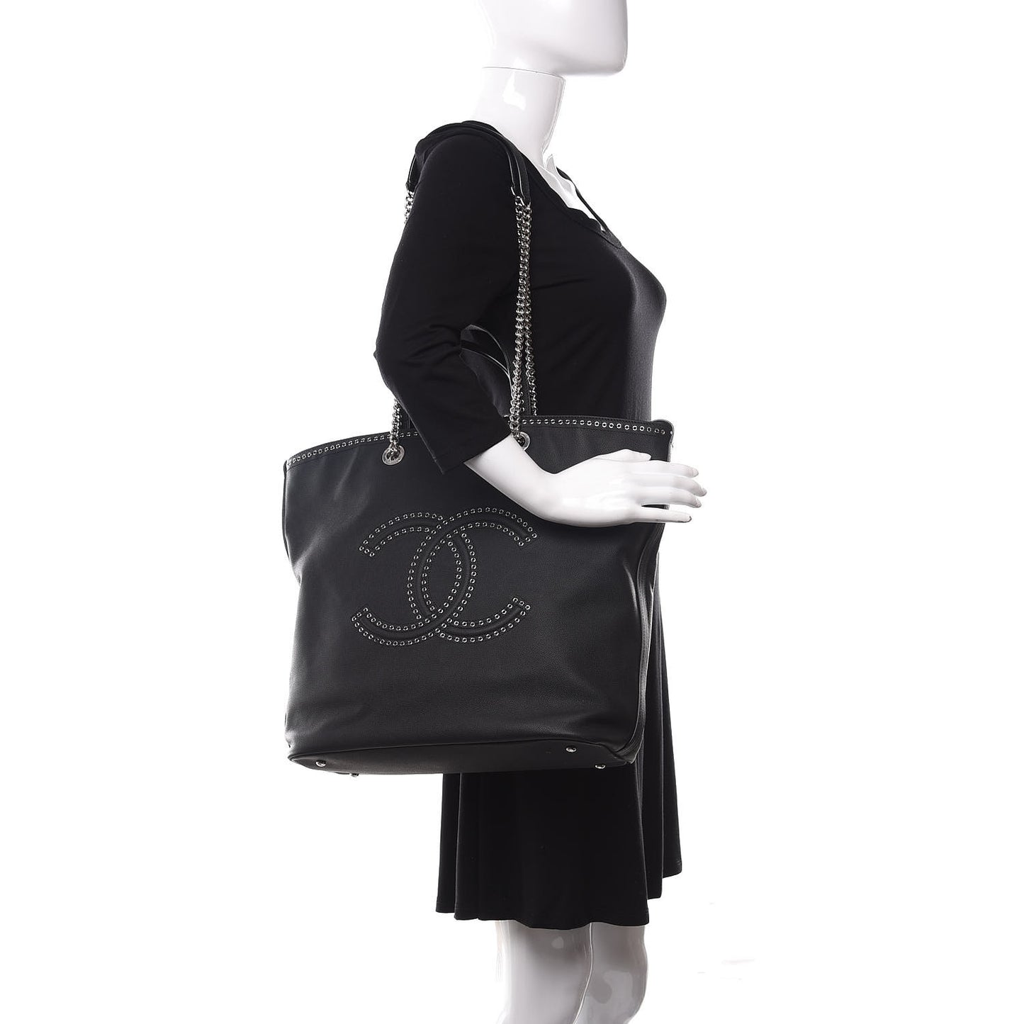 Grained Calfskin Large Coco Eyelets Shopping Tote Black