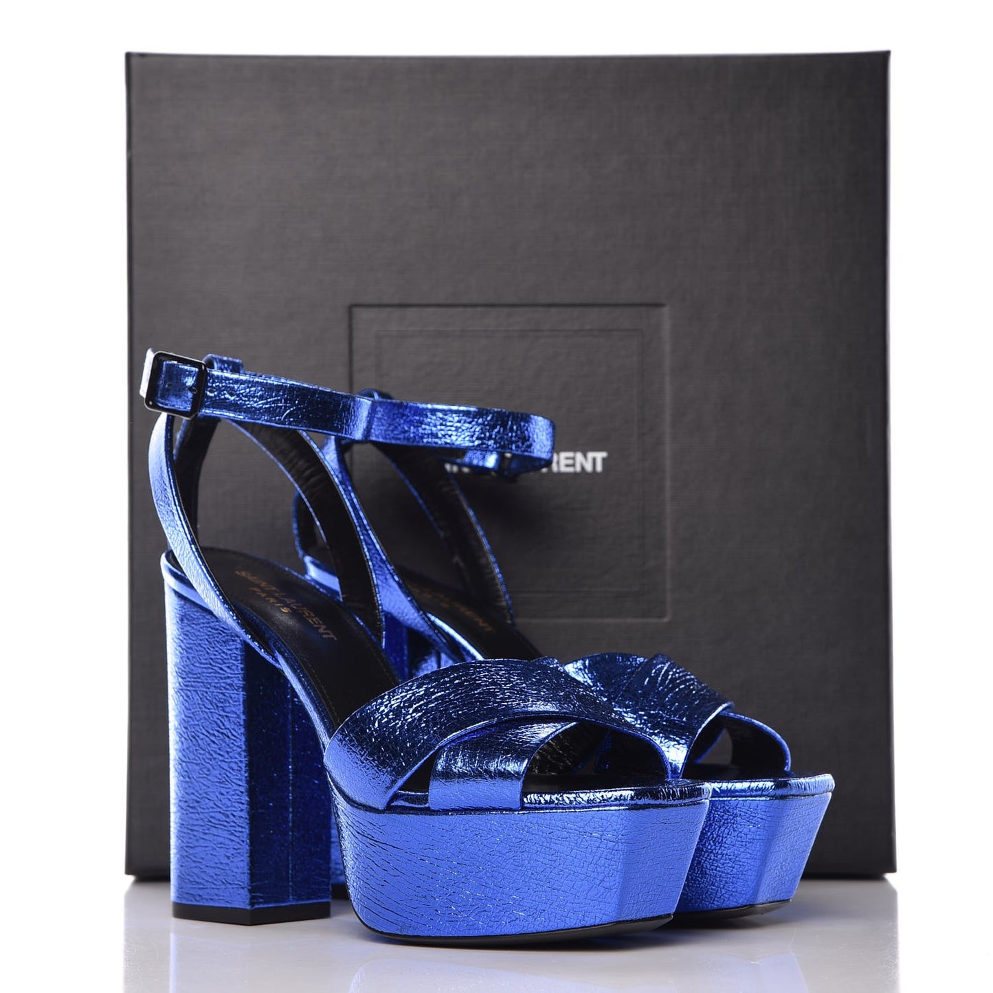 Metallic Calfskin Farrah 80 Crisscross Platform Sandal 37 Blu
