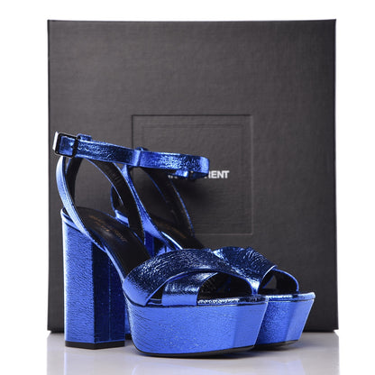 Saint Laurent Metallic Calfskin Farrah 80 Crisscross Platform Sandal 37 Blu 9 of 9