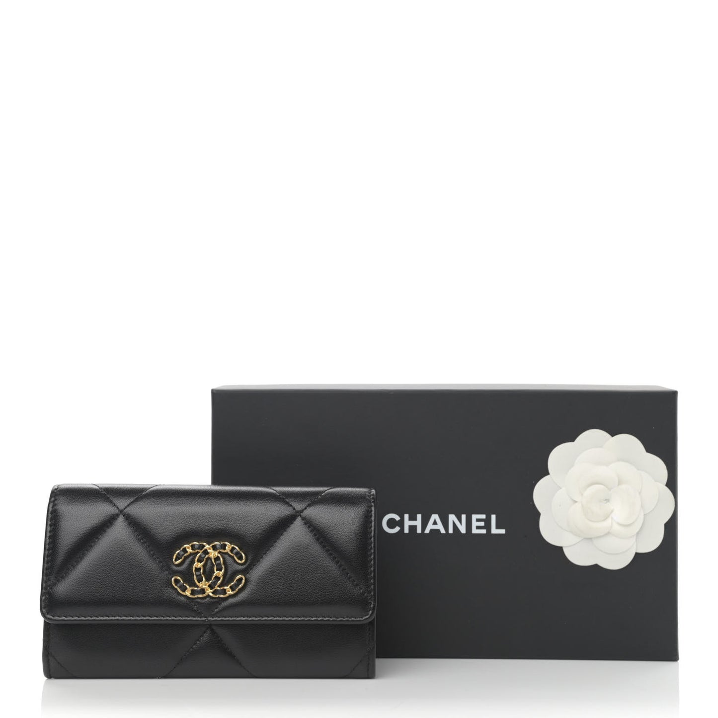 Shiny Goatskin Quilted Chanel 19 Flap Wallet Black