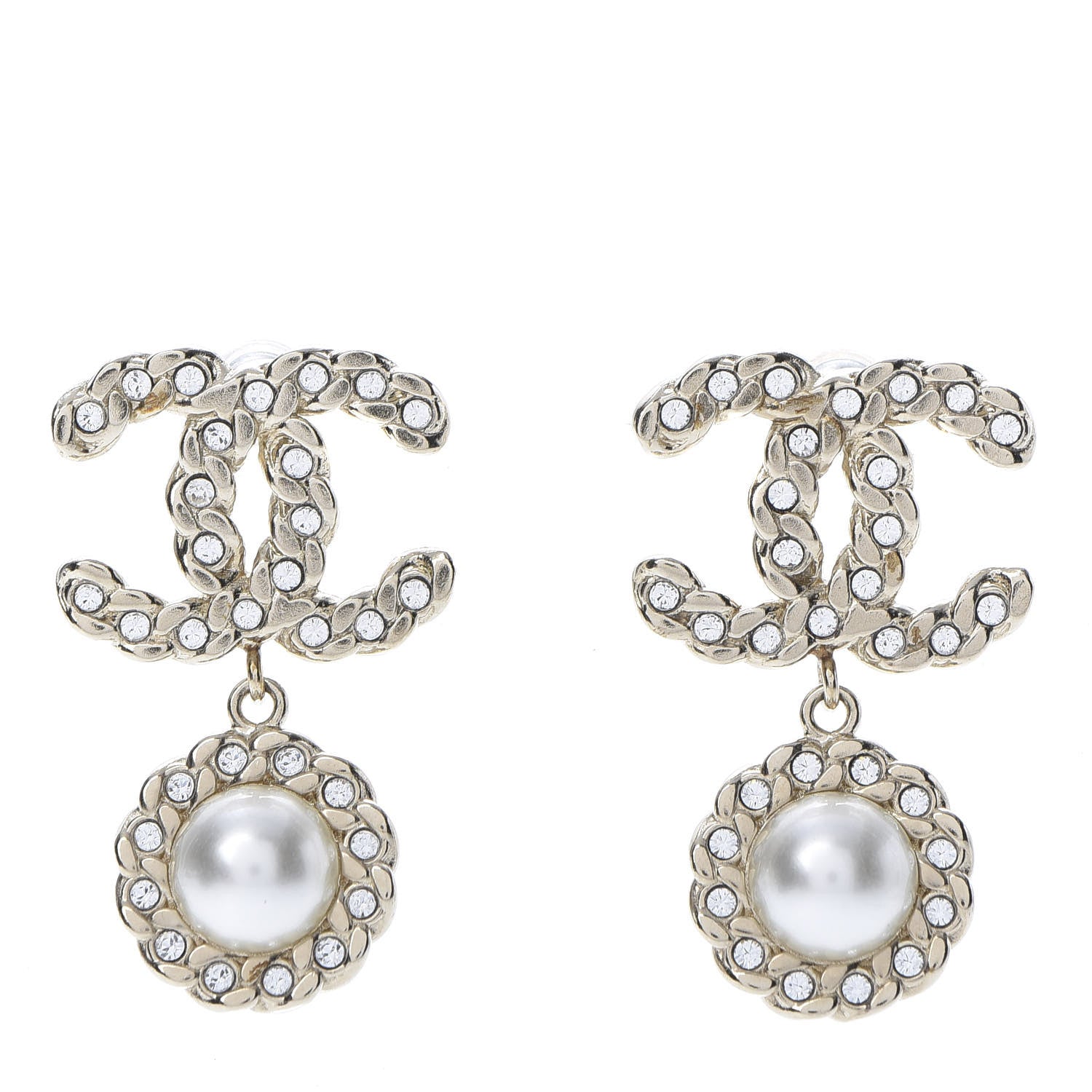 Chanel Crystal Pearl Pearls Coronation CC Drop Earrings Gold 1 of 5