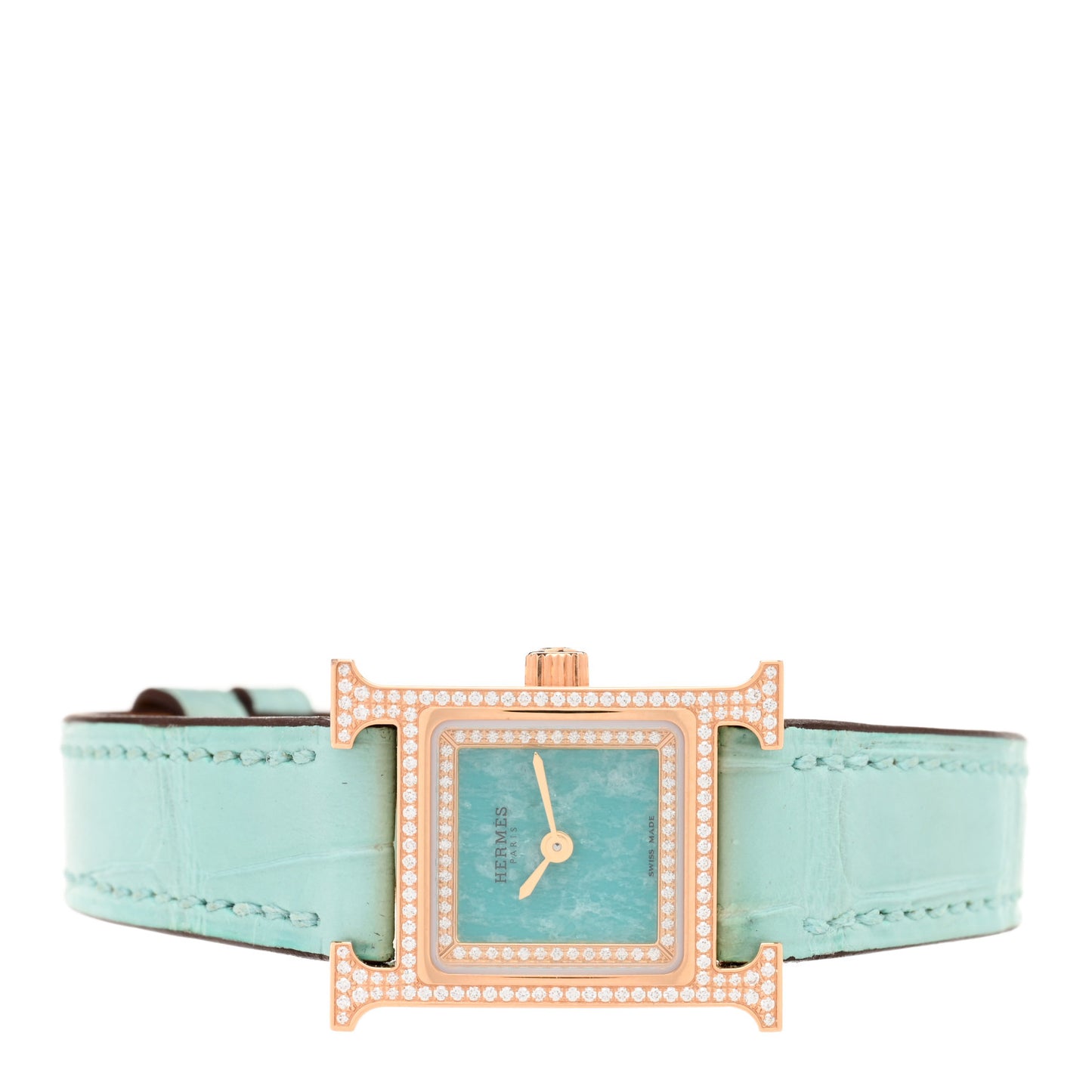 18K Rose Gold Alligator Diamond Bezel Amazonite 17.2mm Heure H Hour Quartz Watch Bleu Aqua