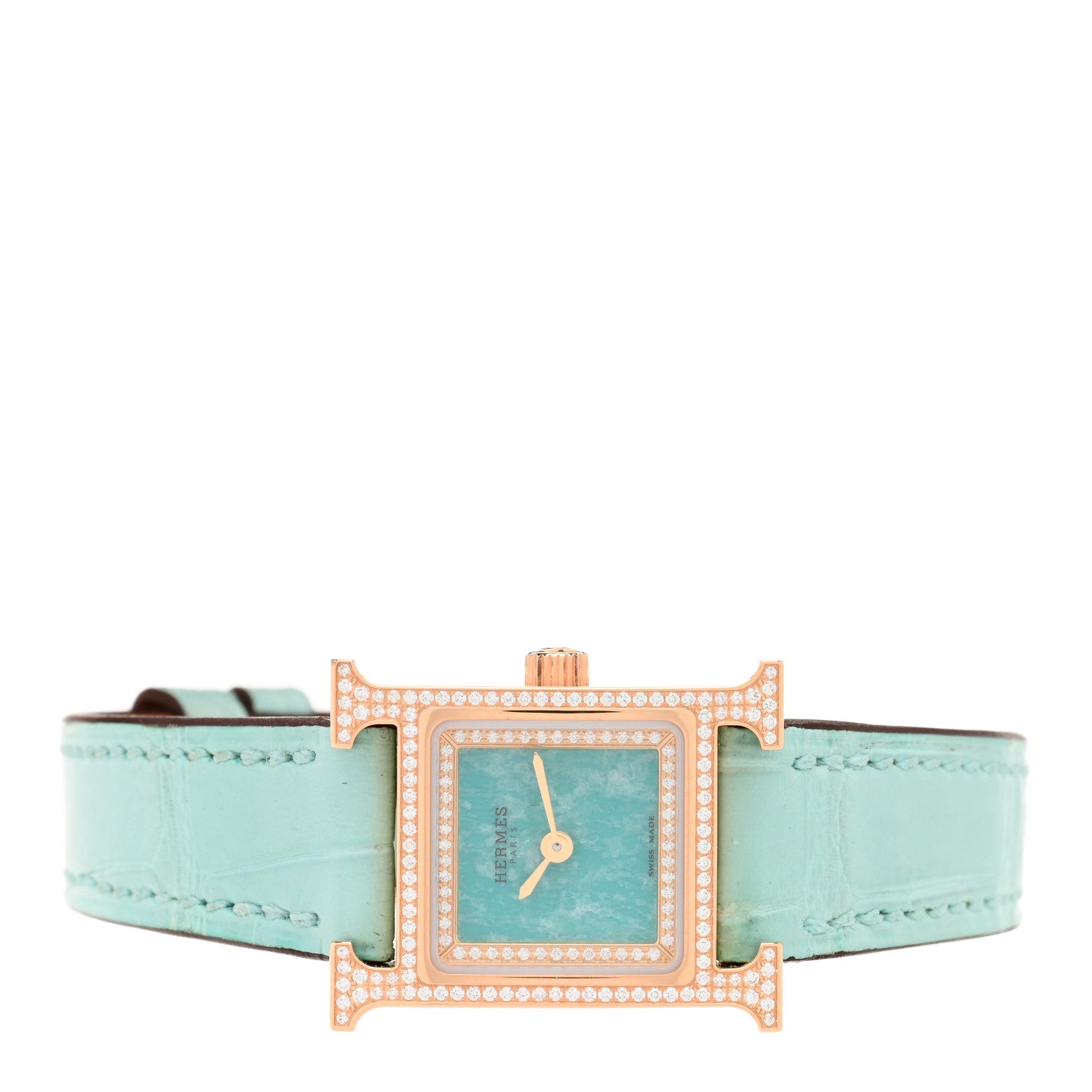 Hermes 18K Rose Gold Alligator Diamond Bezel Amazonite 17.2mm Heure H Hour Quartz Watch Bleu Aqua 2 of 4