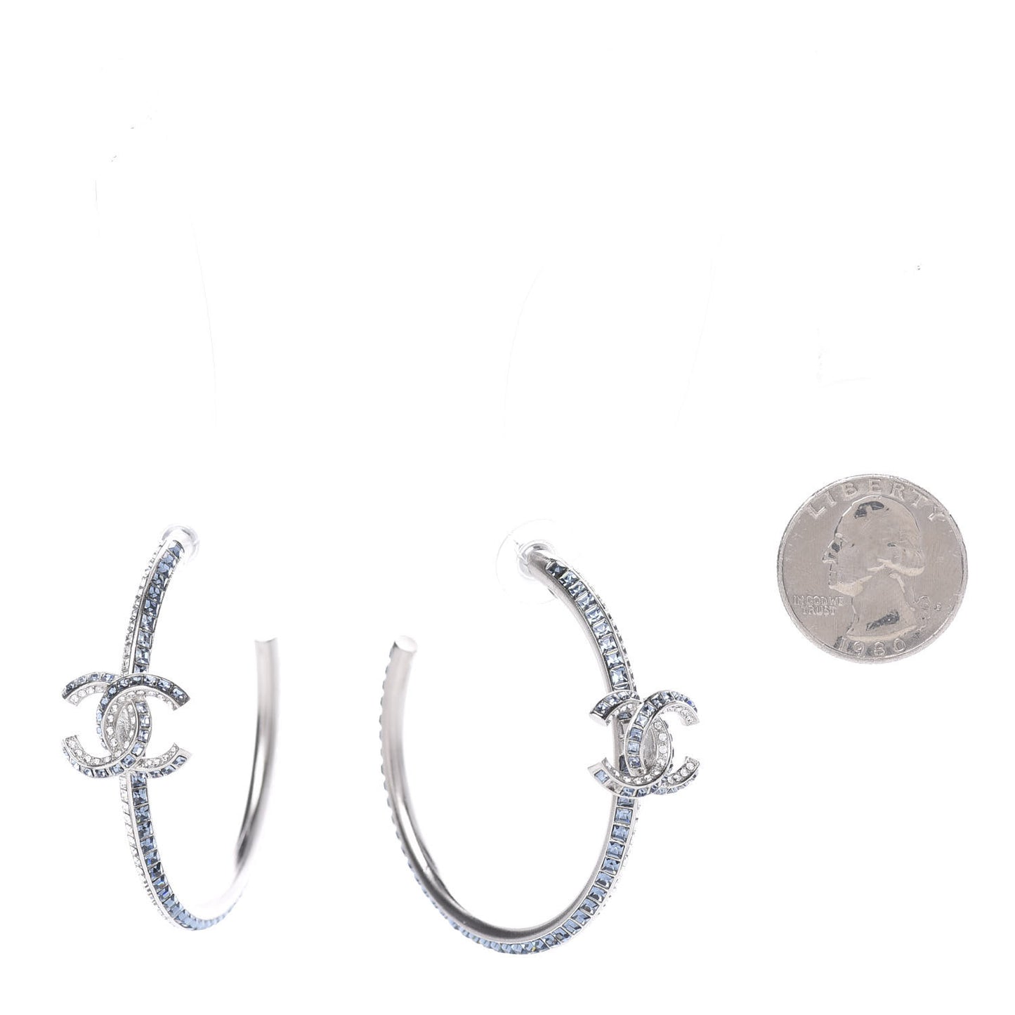 Crystal CC Hoop Drop Earrings Silver Blue