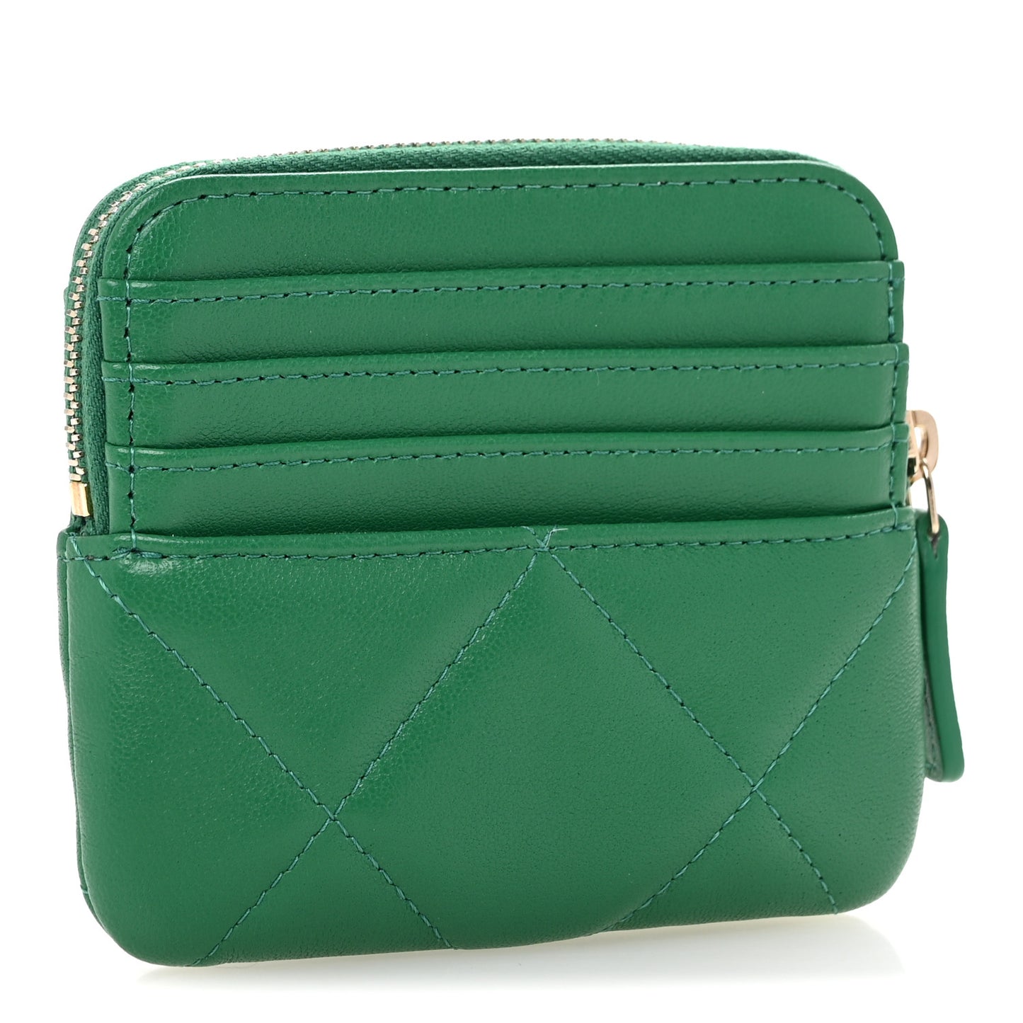 Lambskin Quilted Chanel 19 Zip Card Holder Wallet Green