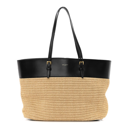 Saint Laurent Calfskin Raffia Medium Shopper Tote Naturale Black Naturale Black 1 of 9