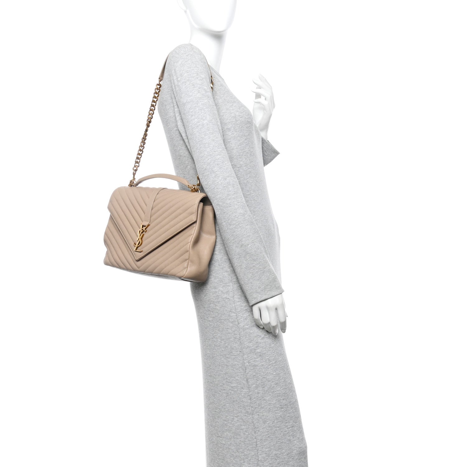 Saint Laurent Sheepskin Matelasse Chevron Monogram Large College Satchel Dark Beige 2 of 11