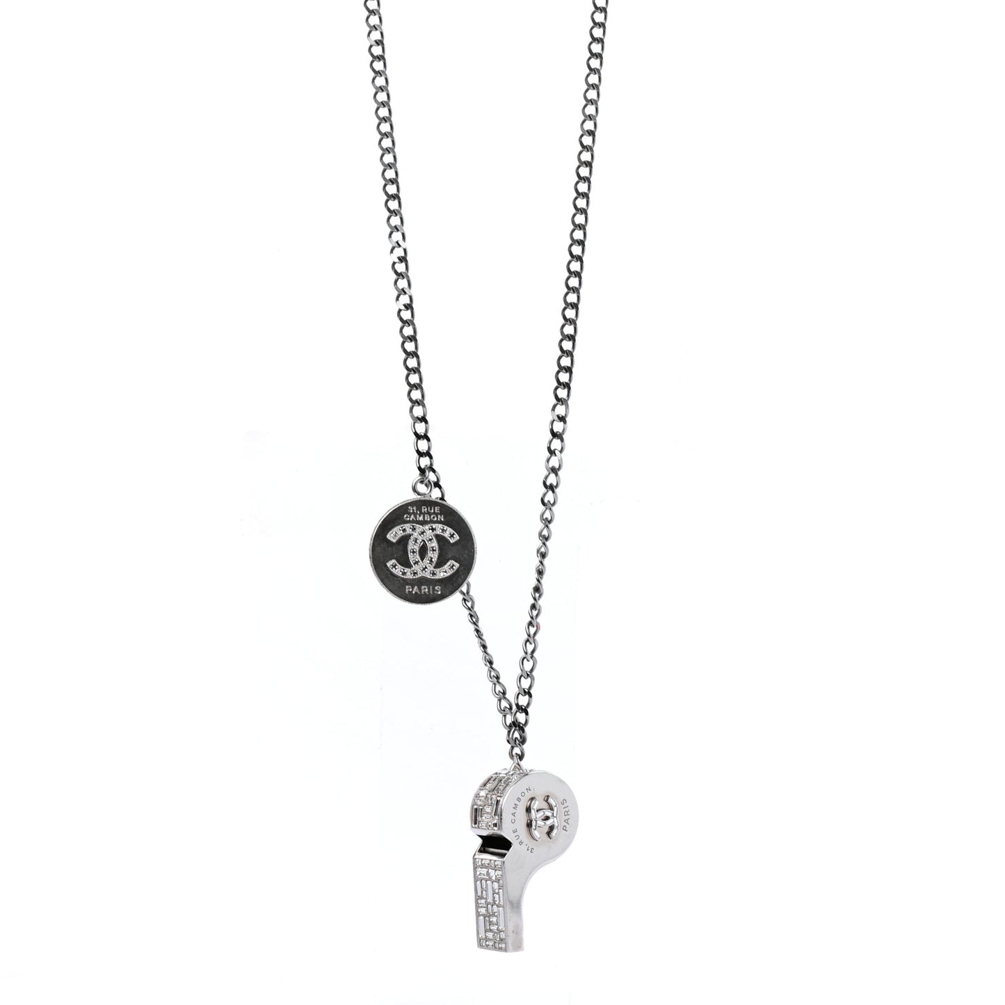 Crystal Baguette CC Whistle Pendant Necklace Silver