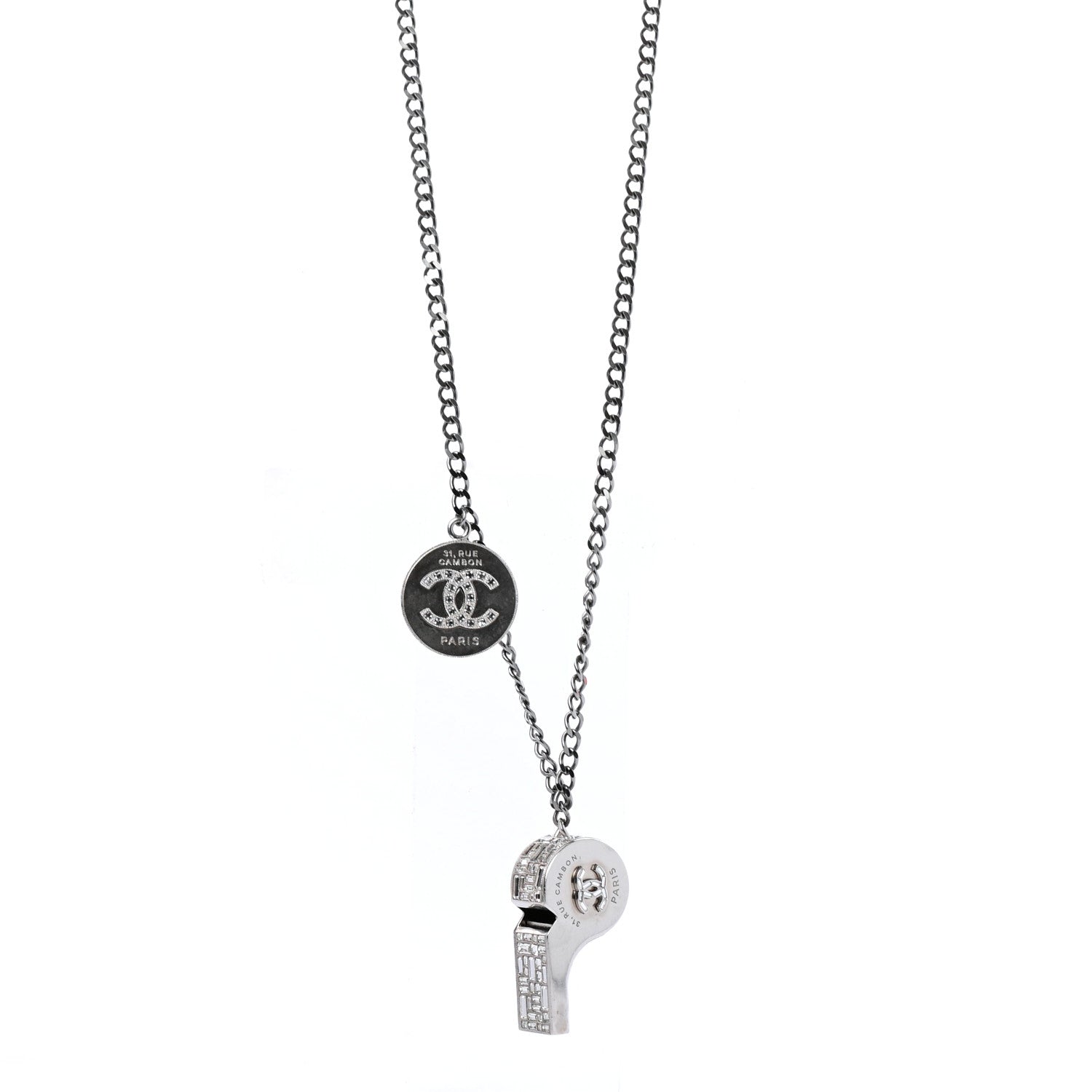 Chanel Crystal Baguette CC Whistle Pendant Necklace Silver 1 of 6