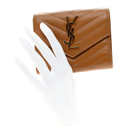 Saint Laurent Grain De Poudre Matelasse Chevron Monogram Compact Tri Fold Wallet Natural Dark 2 of 7