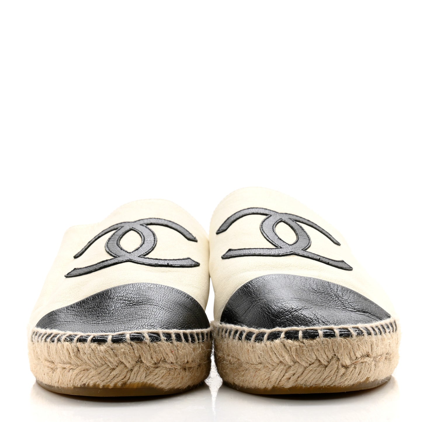 Iridescent Goatskin CC Espadrille Mules 40 Ivory Black