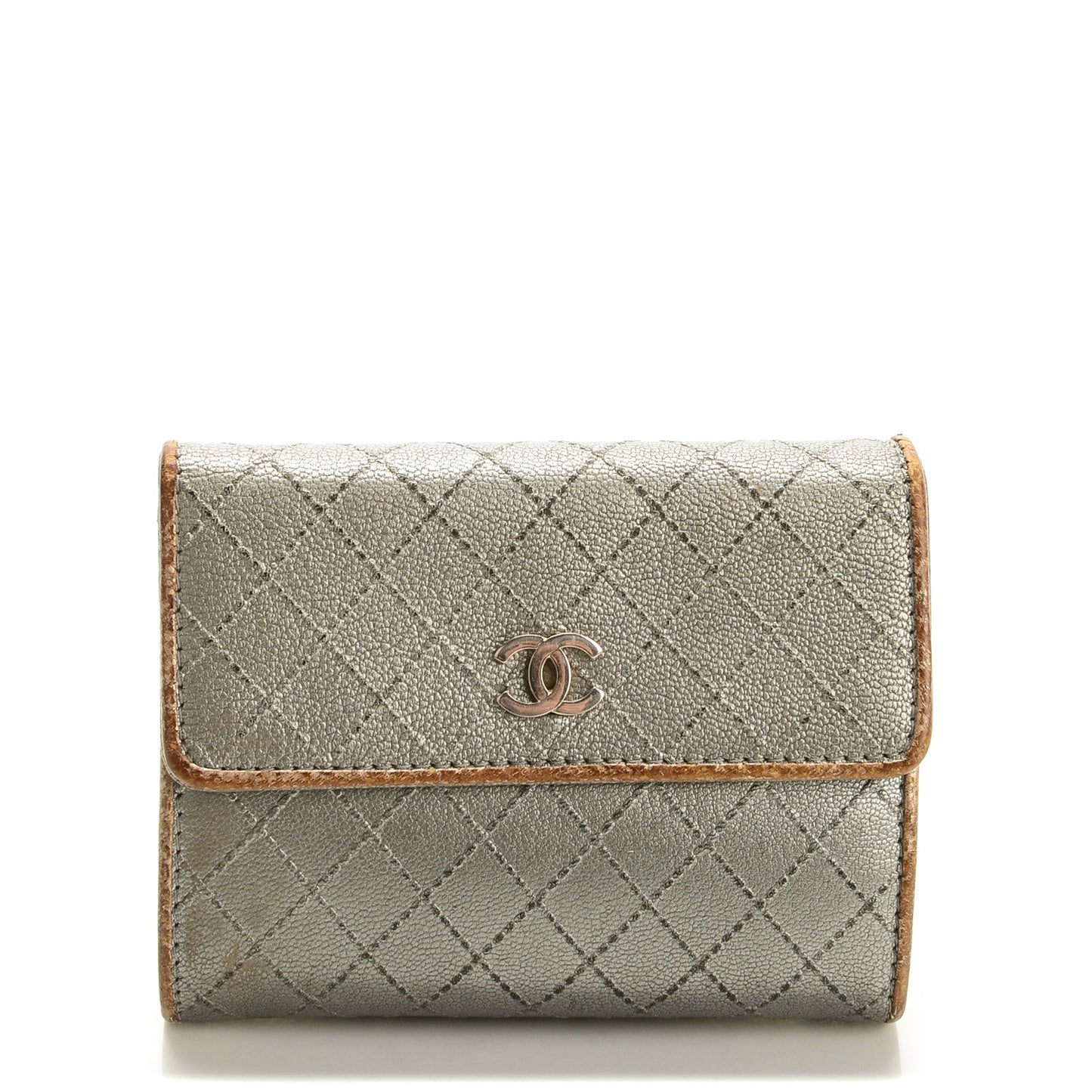 Metallic Calfskin Diamond Stitched Card Holder Wallet Silver Gold