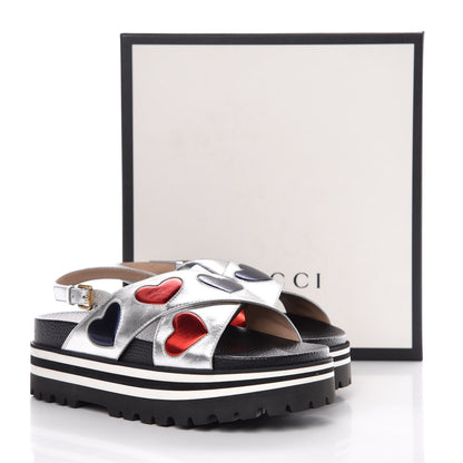 Gucci Metallic Nappa Silk Sunrise Heart Crossover Platform Lug Sole Sandals 39.5 Argento 9 of 9
