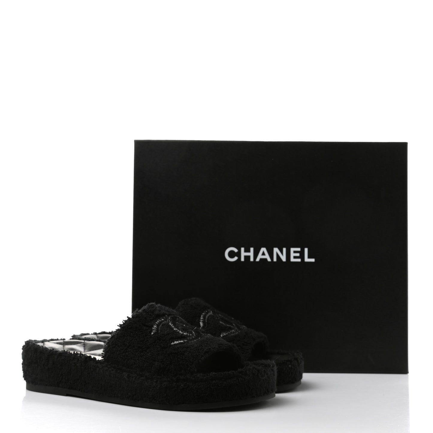 Terry Cloth Lambskin CC Sandals 36 Black
