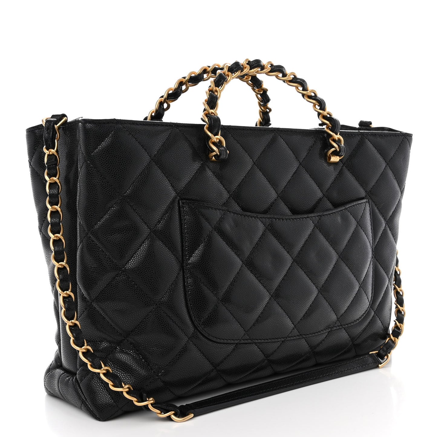 Shiny Caviar Quilted Chain Handle Shopping Tote Black