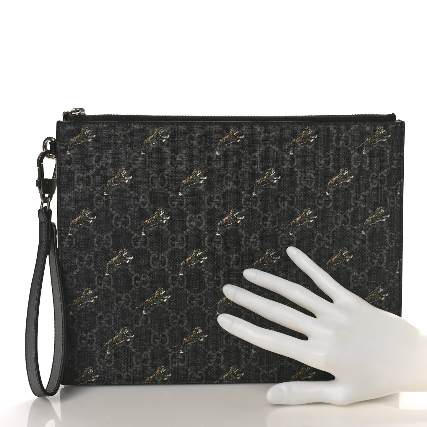 GG Supreme Monogram Tigers Zip Wristlet Pouch Black