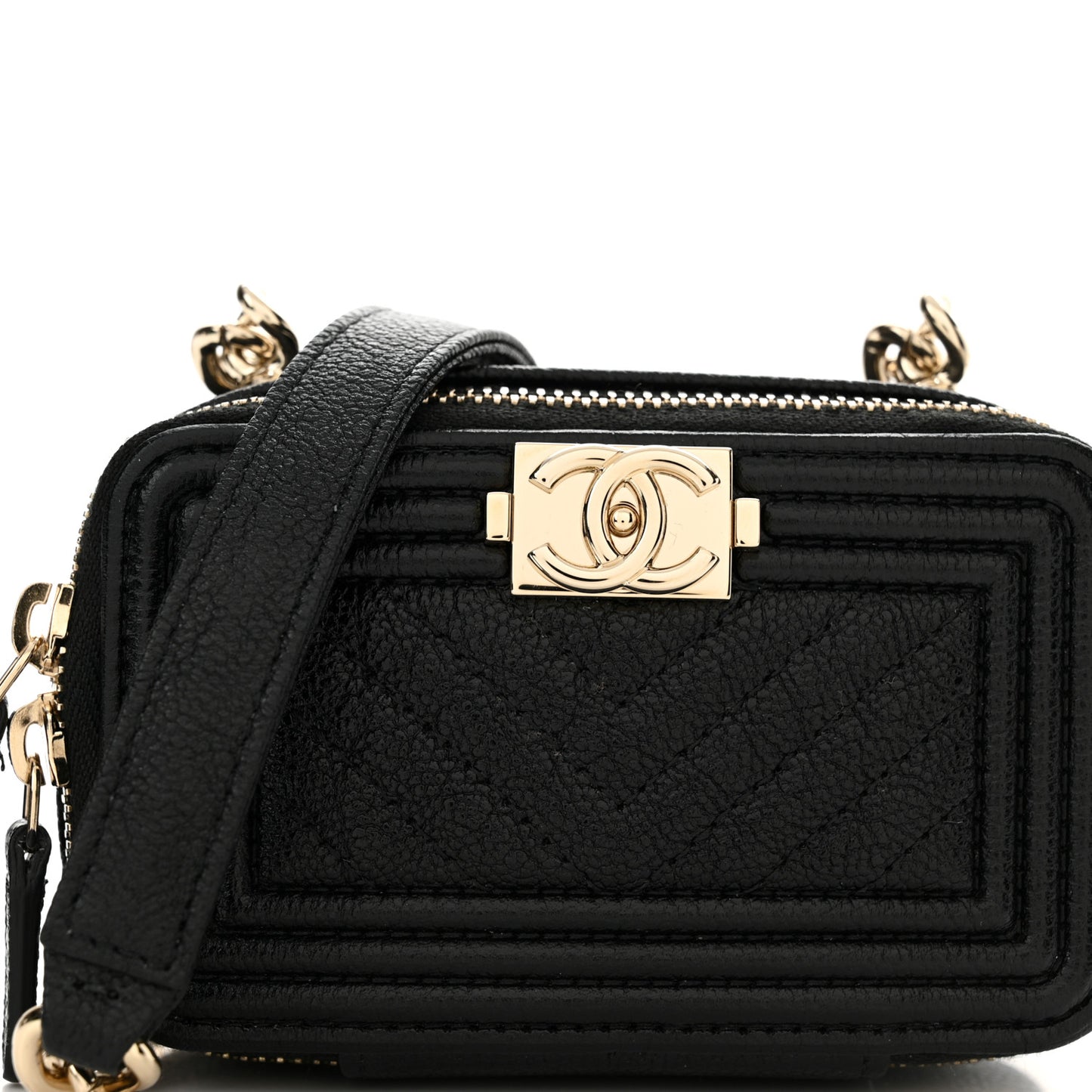 Caviar Chevron Quilted Mini Boy Clutch With Chain Black