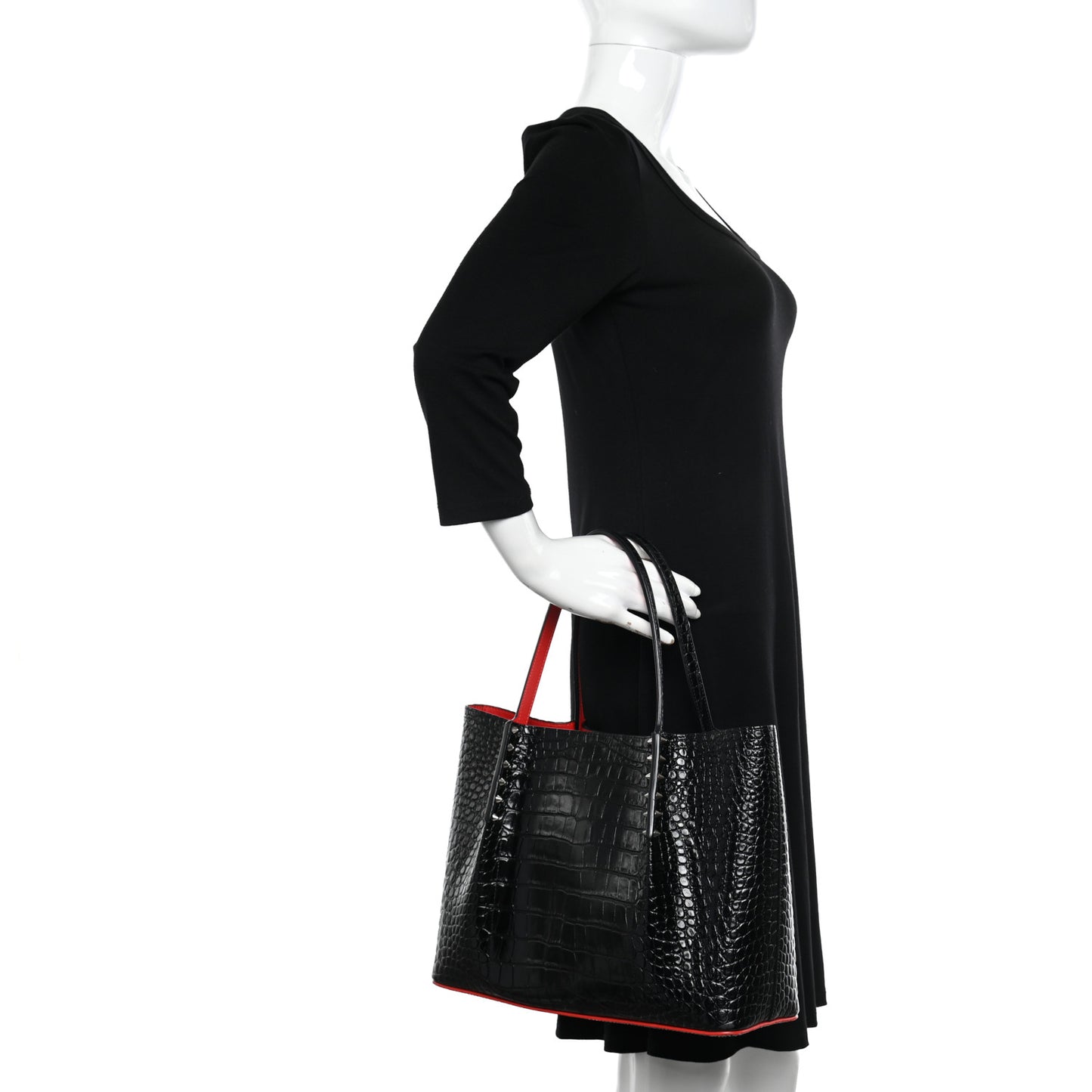Crocodile Embossed Calfskin Spiked Small Cabarock Shopper Tote Black