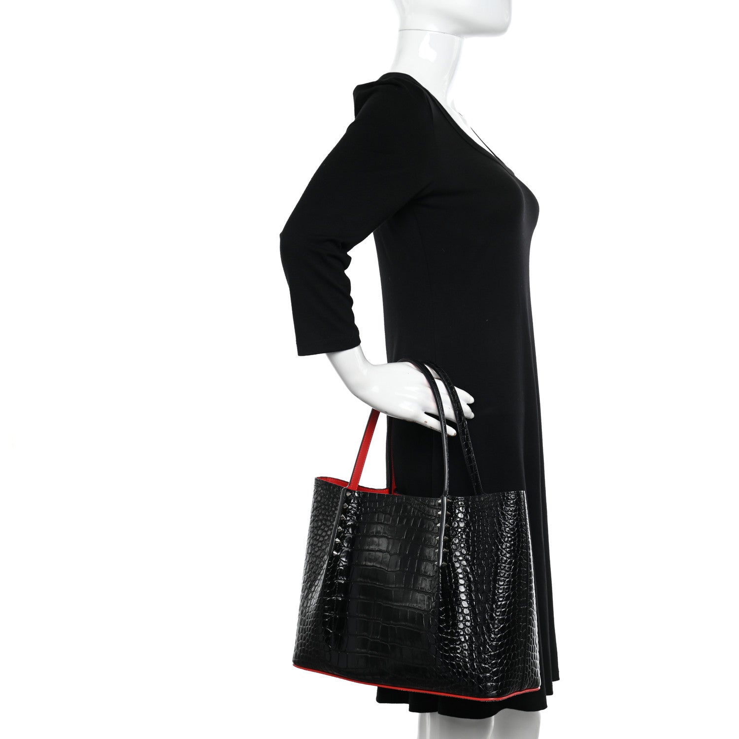 Christian Louboutin Crocodile Embossed Calfskin Spiked Small Cabarock Shopper Tote Black 2 of 15