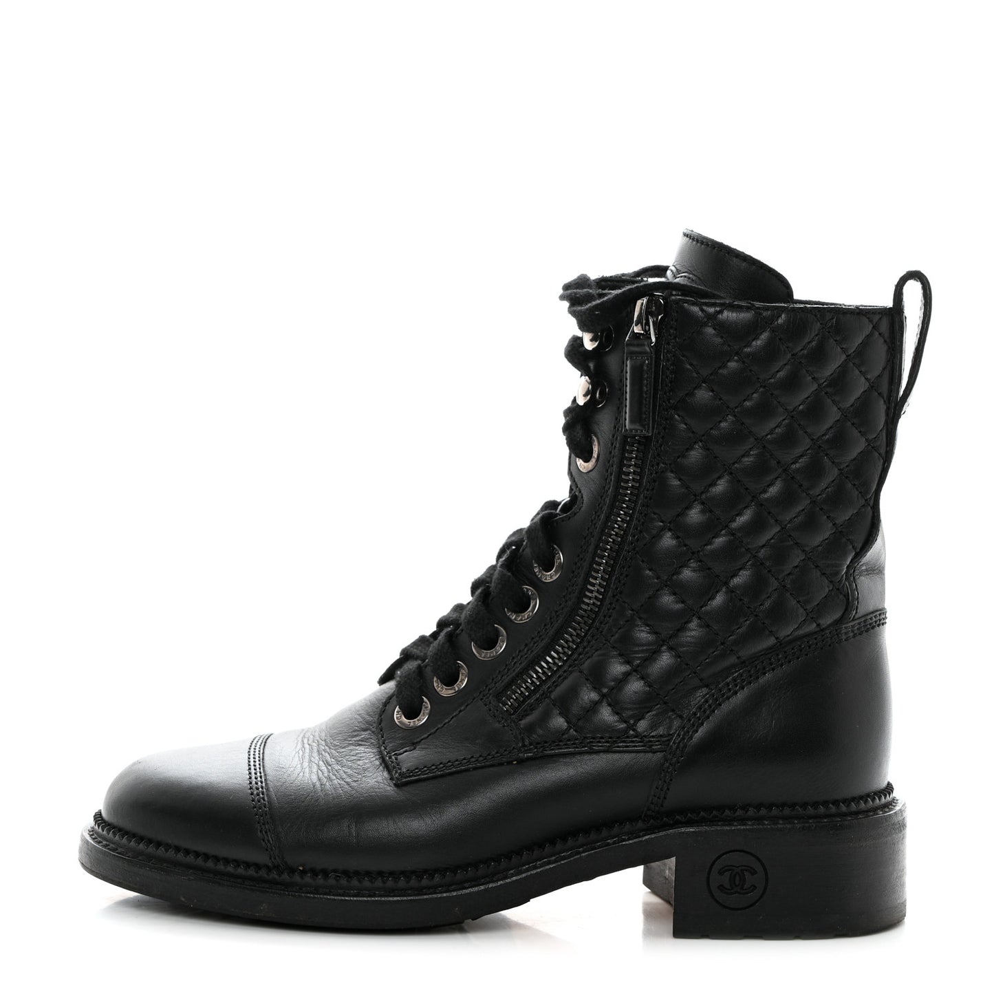 Calfskin Quilted Lace Up Combat Boots 37 Black