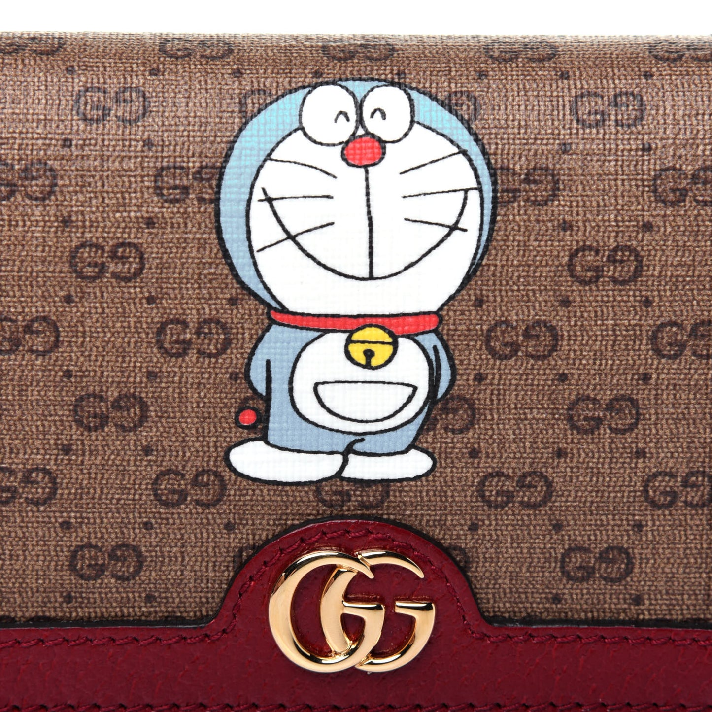 X DORAEMON Mini Vintage GG Supreme Monogram Card Case Wallet Beige Cherry Red