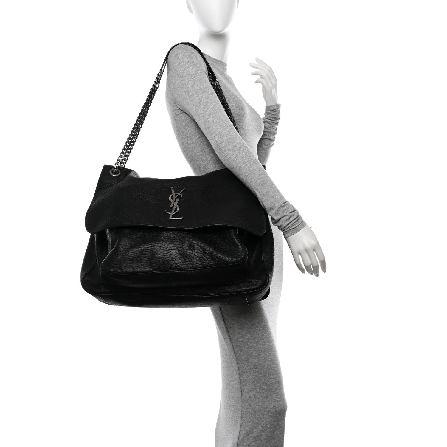 Saint Laurent Grained Lambskin Monogram Oversized Niki Chain Satchel Black 2 of 14
