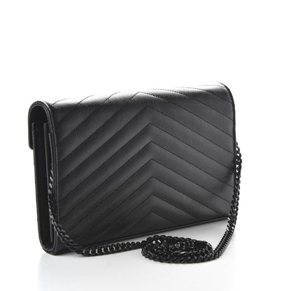 Saint Laurent Grain De Poudre Matelasse Chevron Monogram Chain Wallet Black 3 of 9