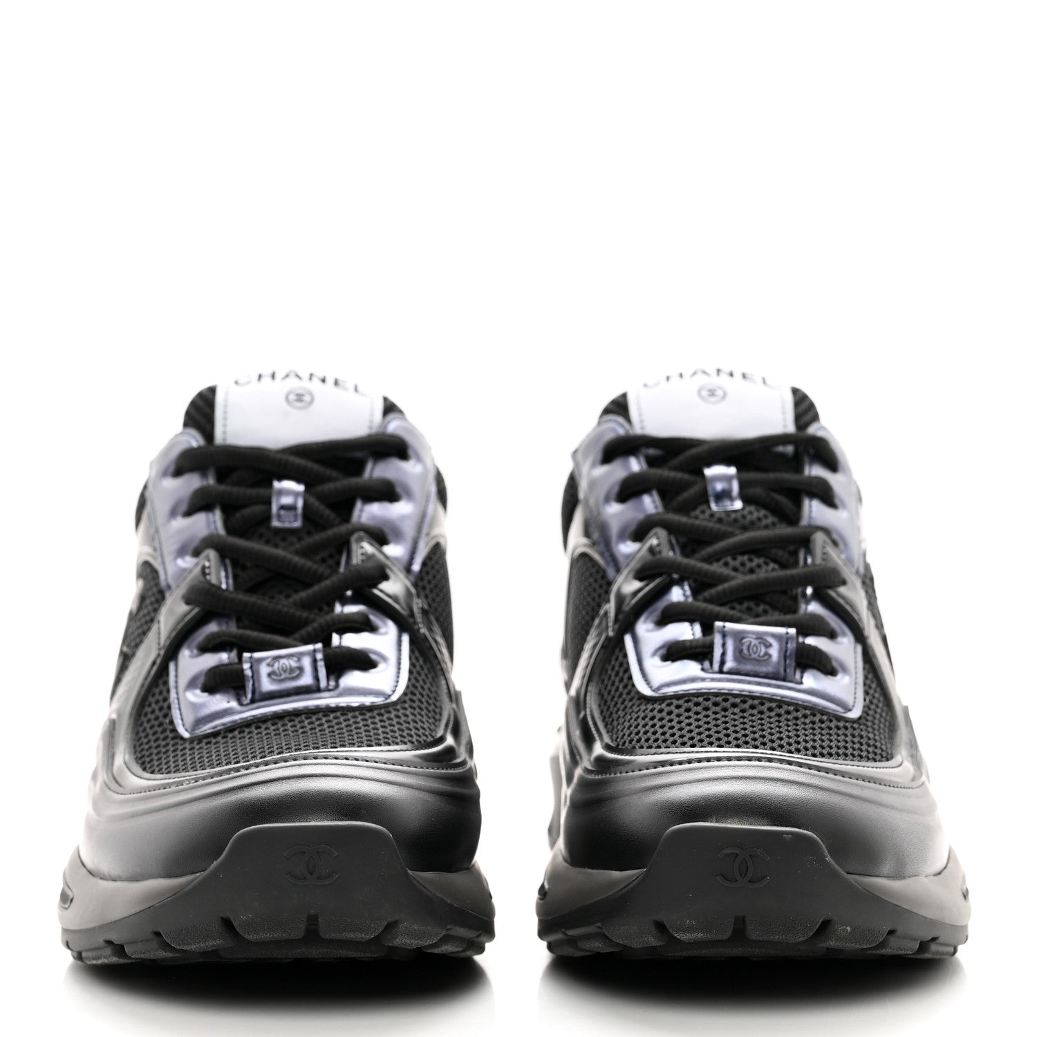 Chanel Fabric Laminated Calfskin Stretch CC Womens Sneakers 41 Black 2 of 9