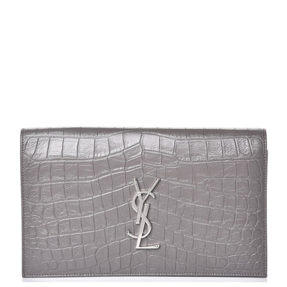 Saint Laurent Croc Embosssed Calfskin Classic Kate Monogram Clutch Fog 1 of 7
