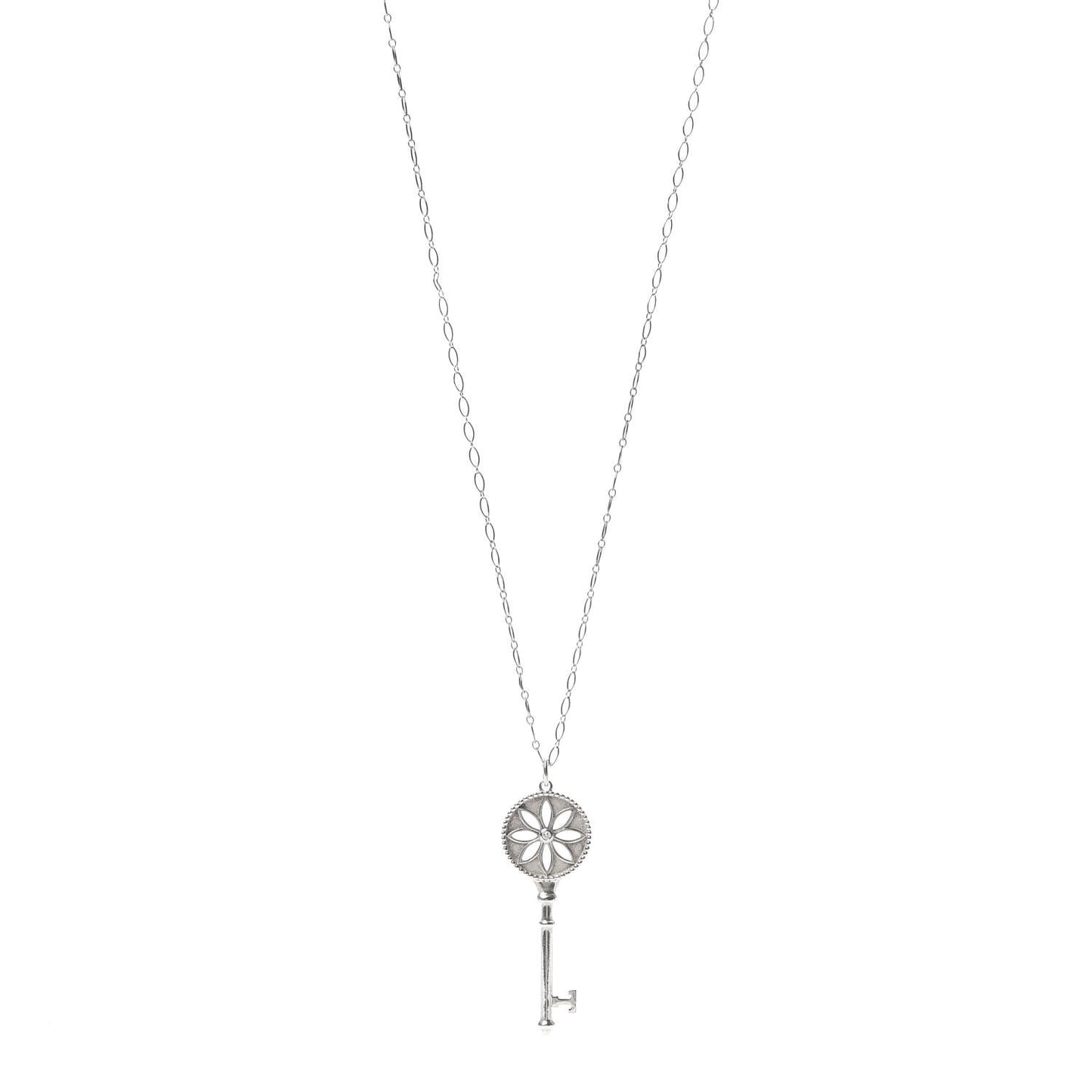 Sterling Silver Diamond Large Daisy Key Pendant Link Necklace