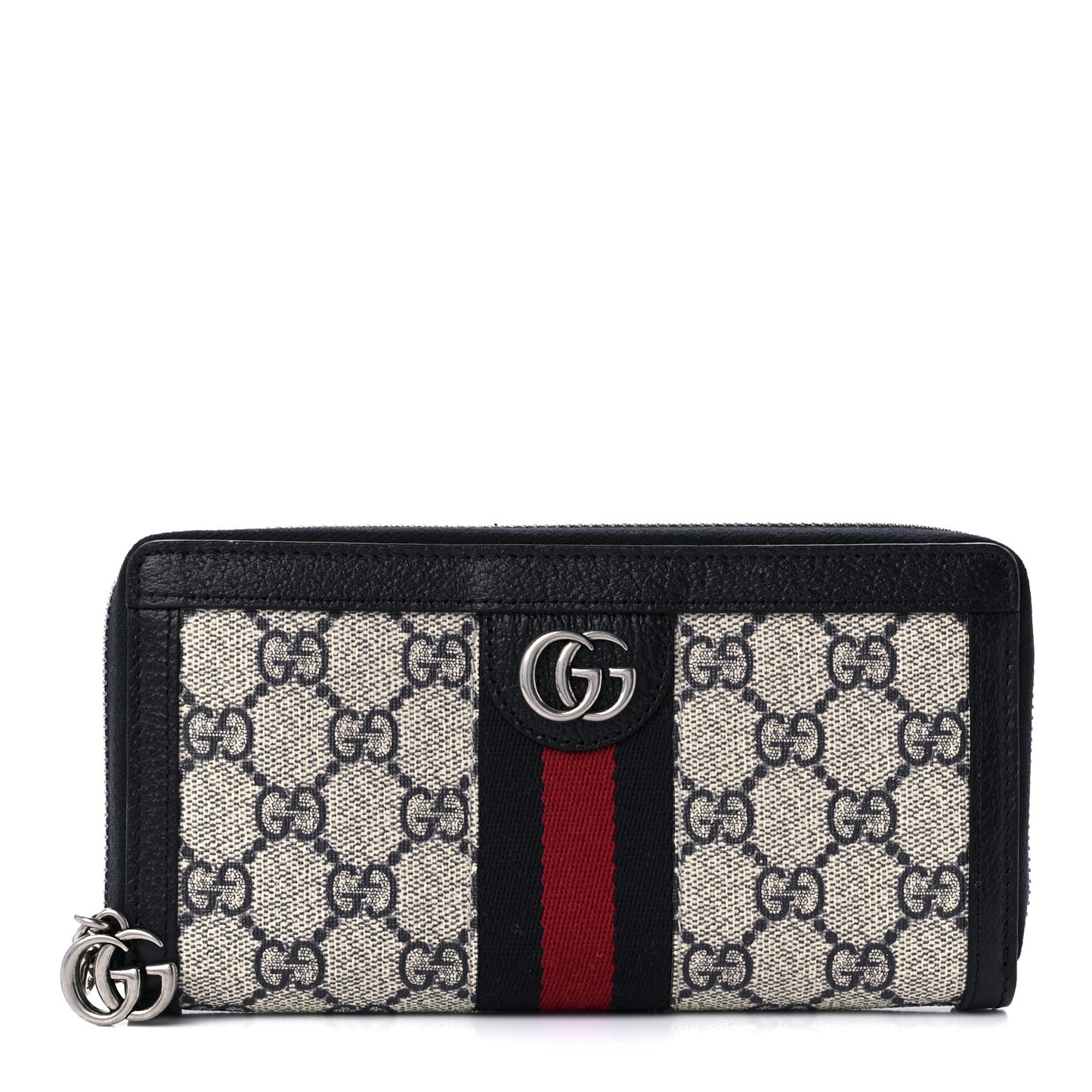 GG Supreme Monogram Textured Dollar Calfskin Web Ophidia Zip Around Wallet Beige Blue