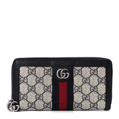Gucci GG Supreme Monogram Textured Dollar Calfskin Web Ophidia Zip Around Wallet Beige Blue 1 of 10