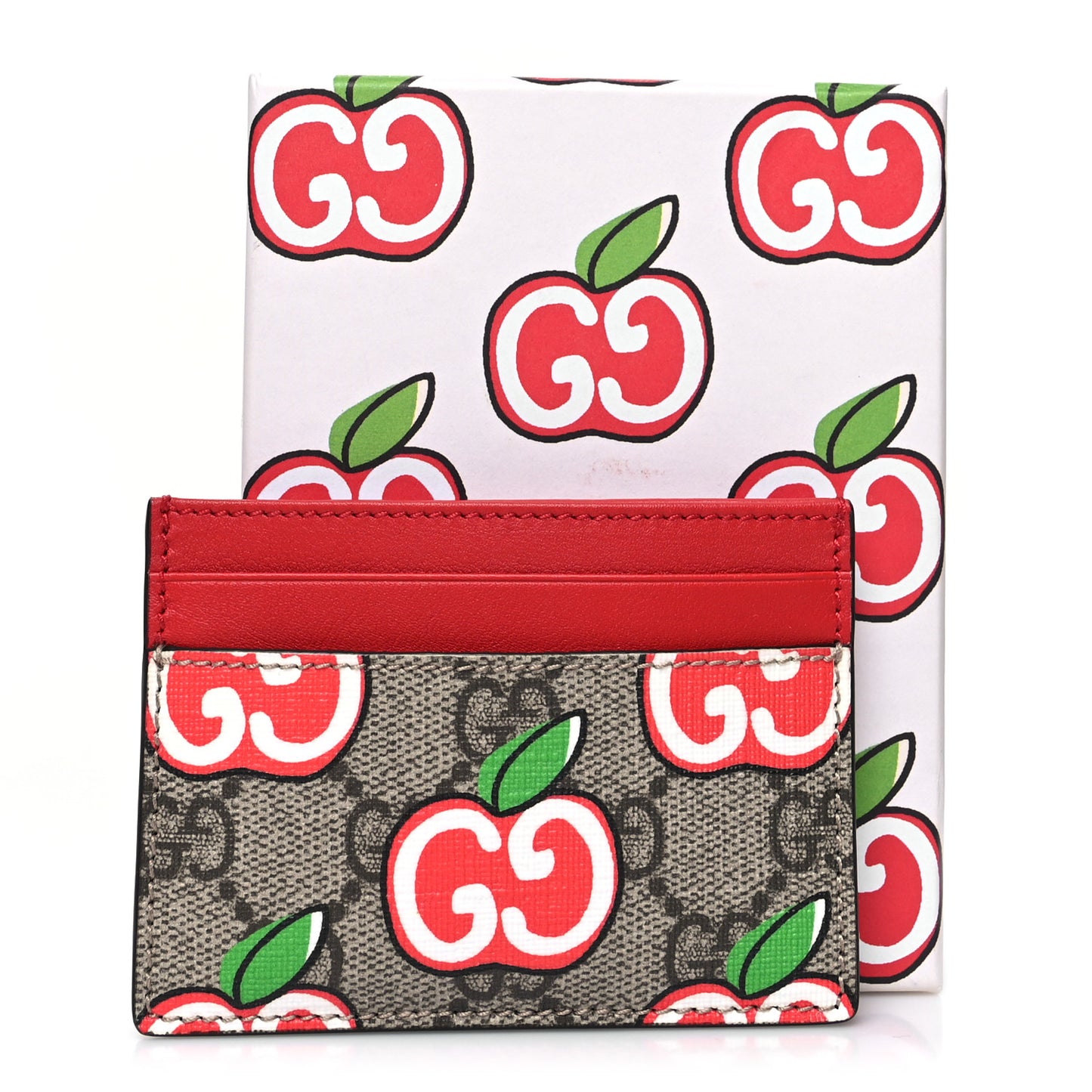 GG Supreme Monogram Apple Card Holder Beige Multicolor Lobster Red