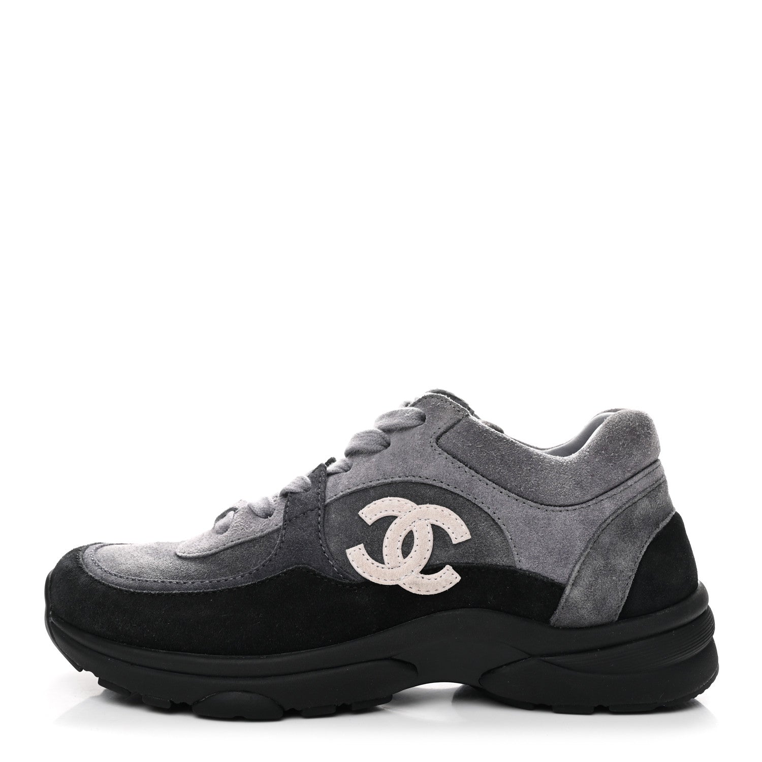 Chanel Suede Calfskin CC Sneakers 36.5 Black Grey 1 of 9