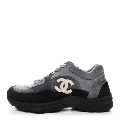 Chanel Suede Calfskin CC Sneakers 36.5 Black Grey 1 of 9