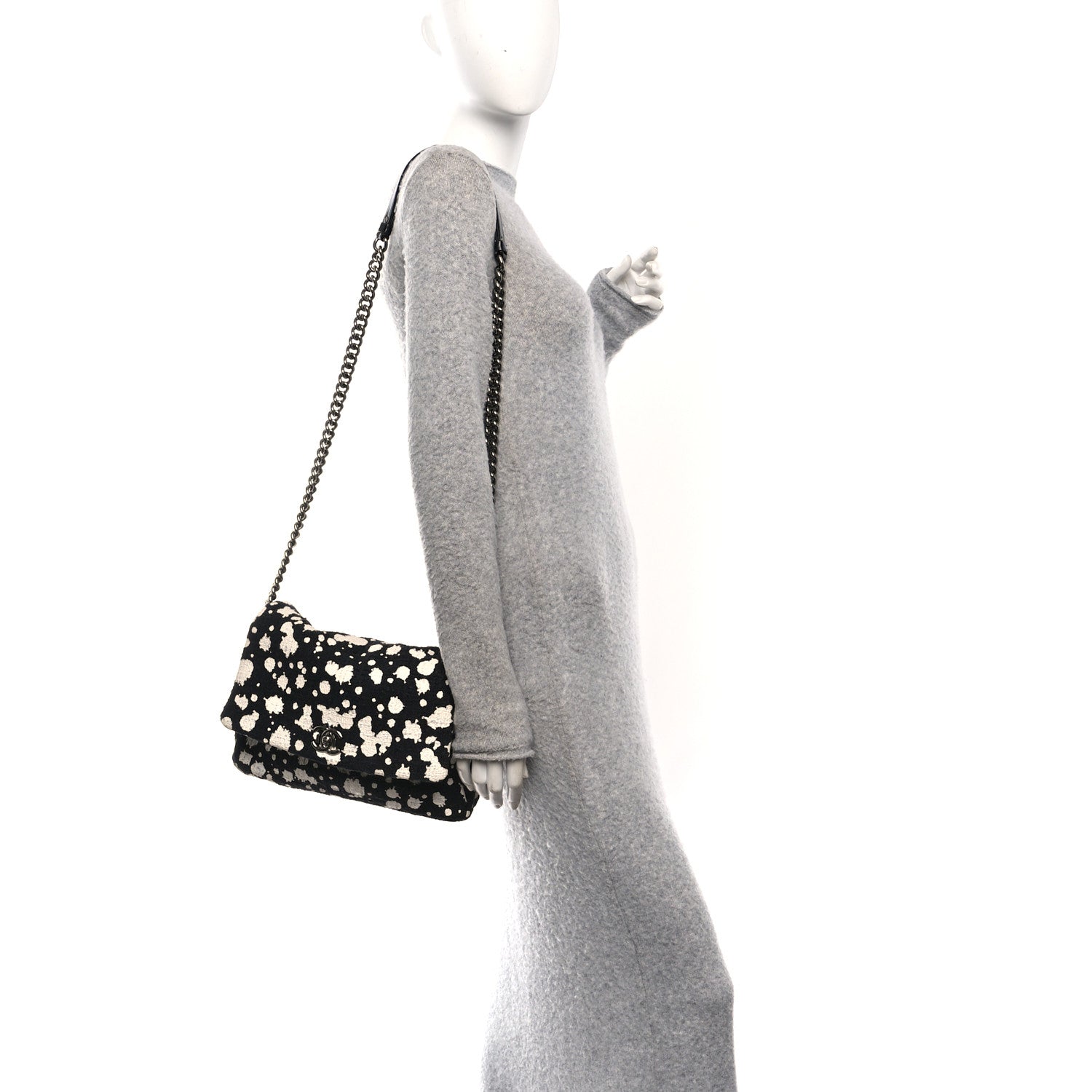 Chanel Tweed Paint Splatter Print Flap Black White 2 of 10