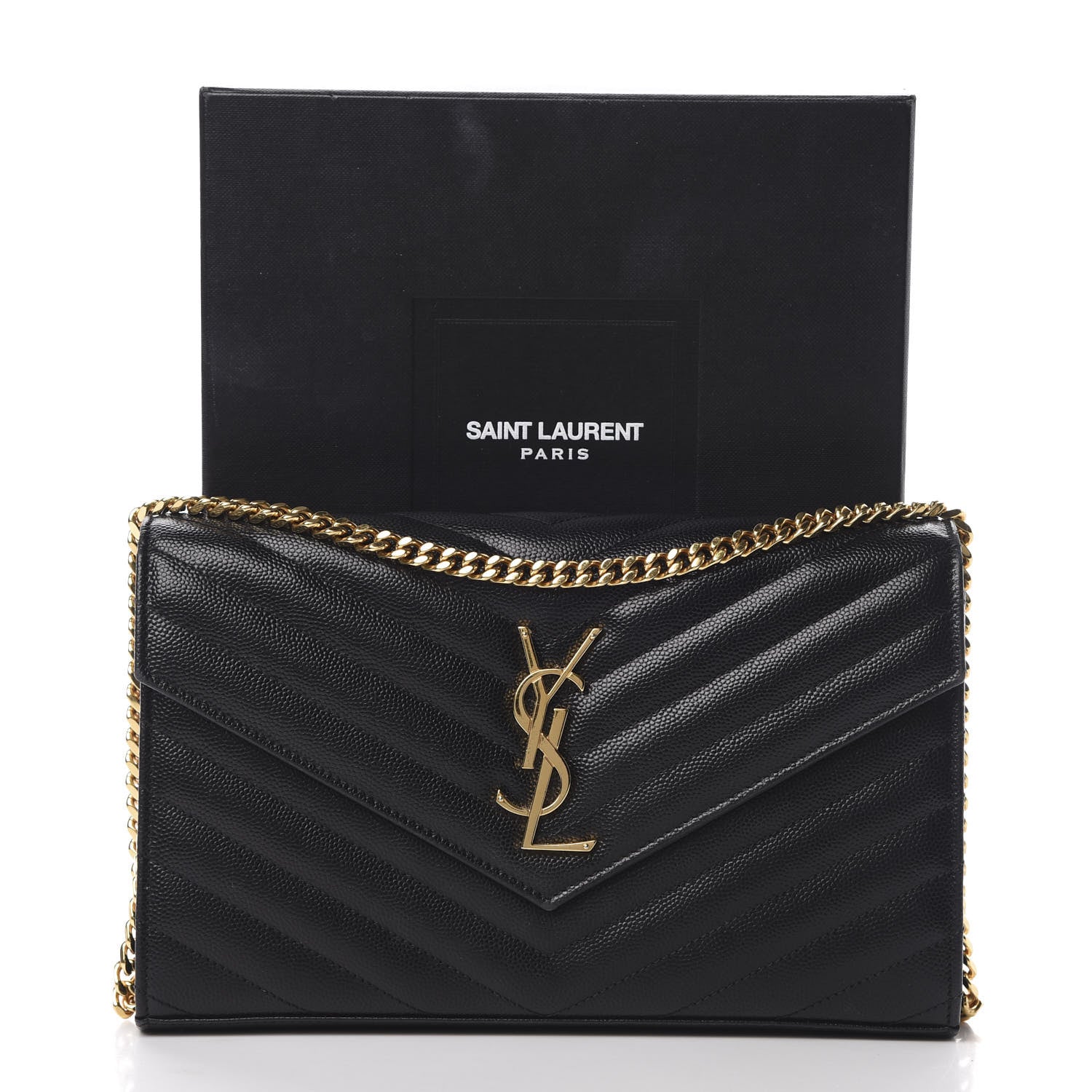 Saint Laurent Grain De Poudre Matelasse Chevron Monogram Chain Wallet Black 17 of 17