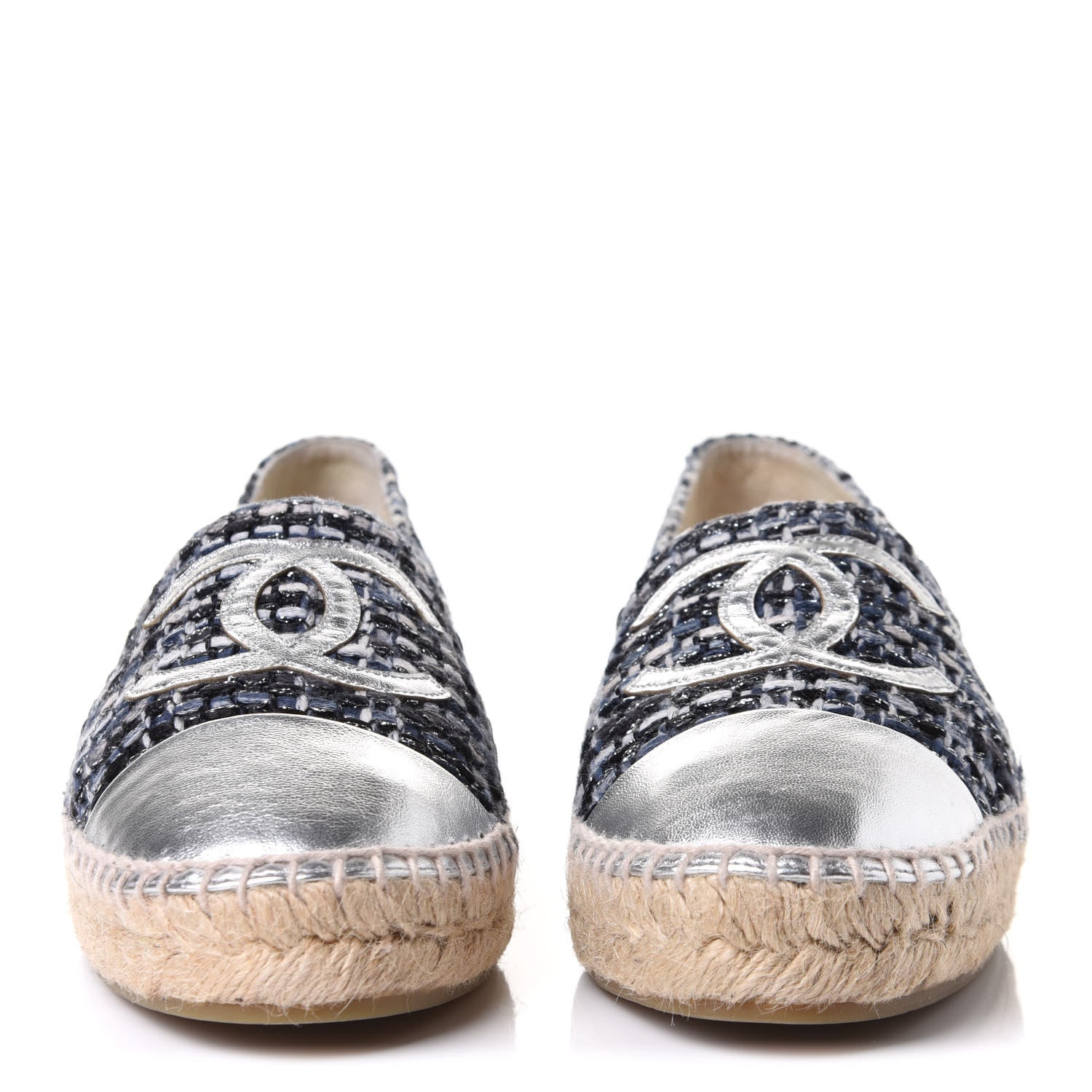 Chanel Metallic Tweed Lambskin CC Espadrilles 38 Blue Black Silver 2 of 10