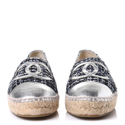 Chanel Metallic Tweed Lambskin CC Espadrilles 38 Blue Black Silver 2 of 10