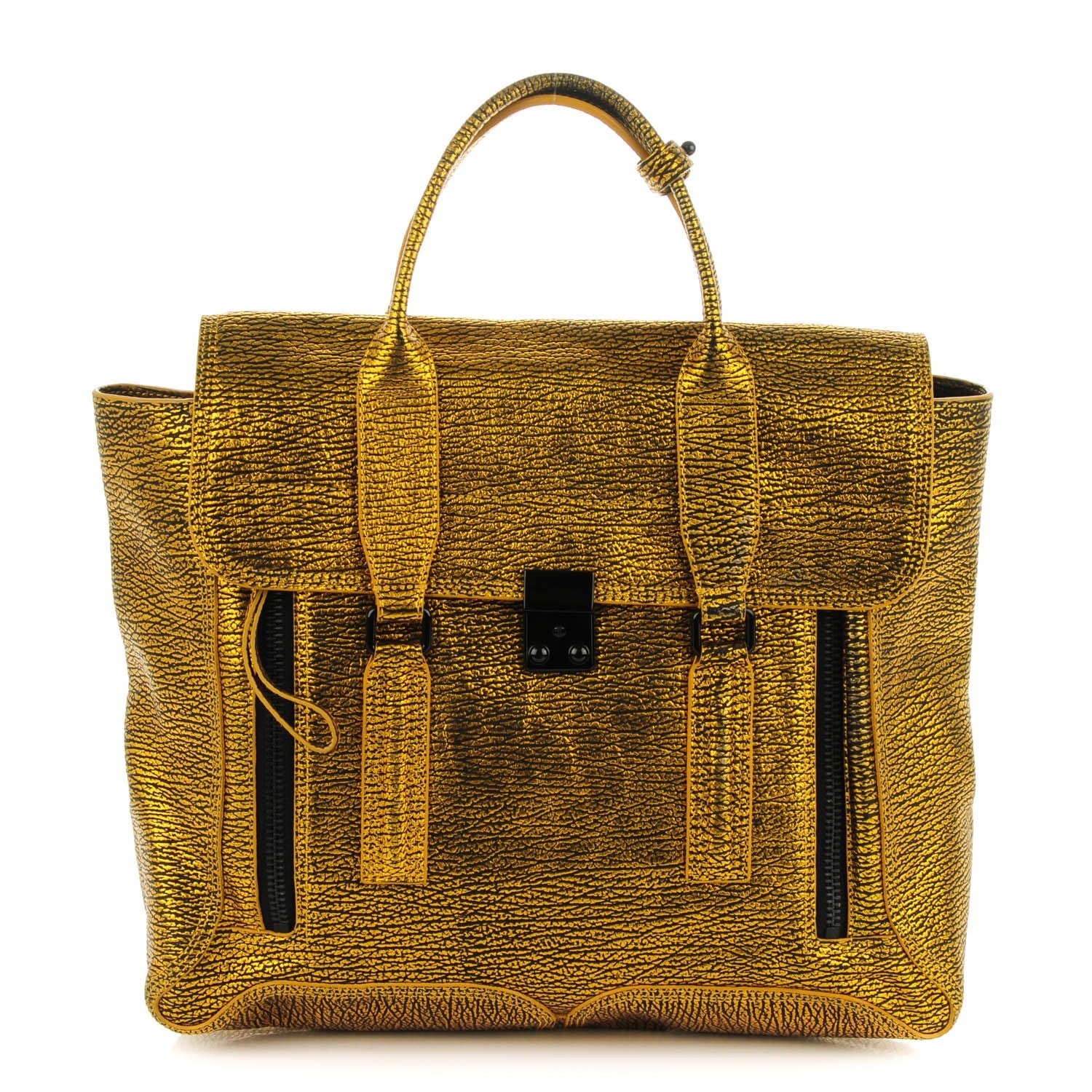 3.1 Phillip Lim 3.1 Metallic Textured Calfskin Large Pashli Satchel Gold 1 of 8