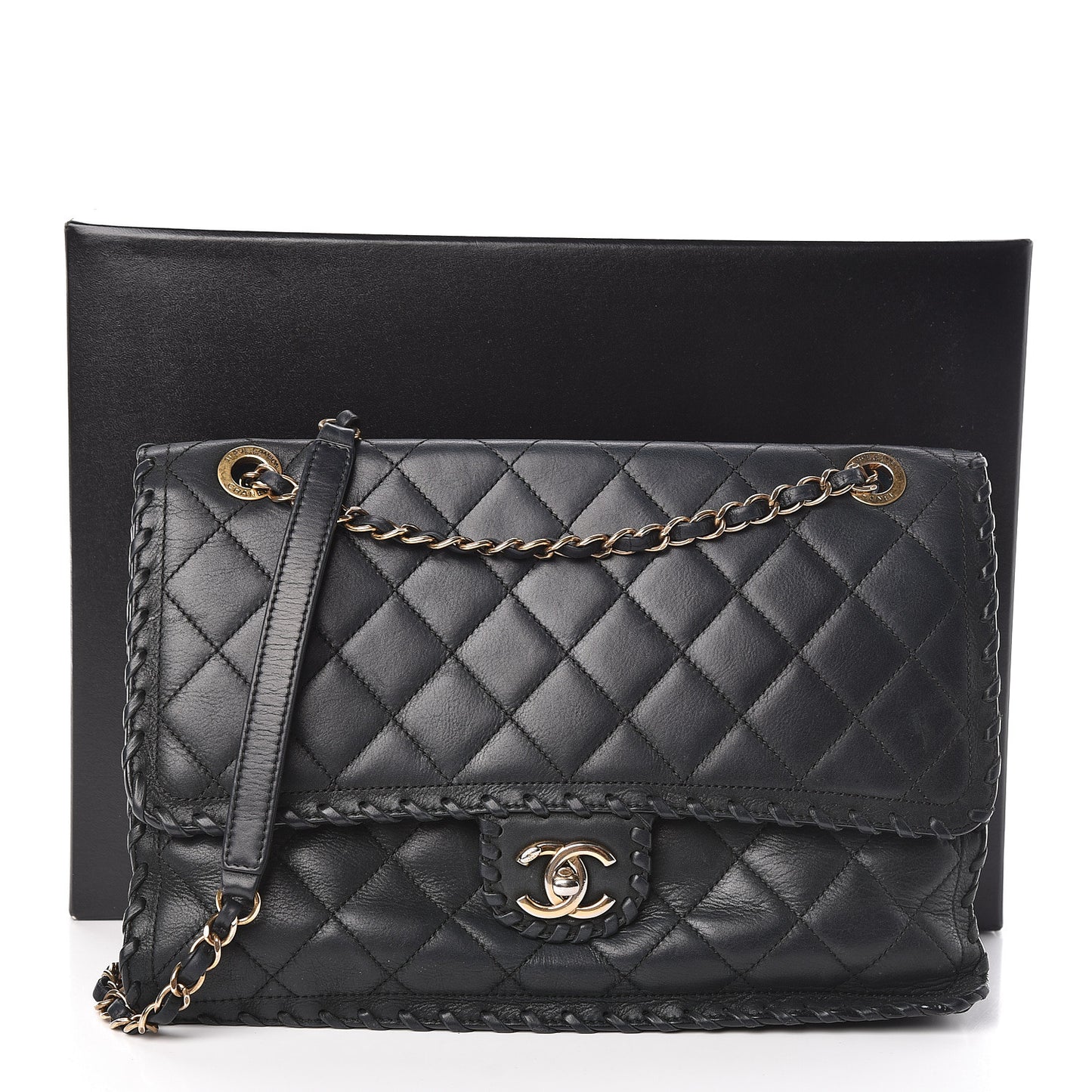 Suede Calfskin Jumbo Happy Stitch Flap Black