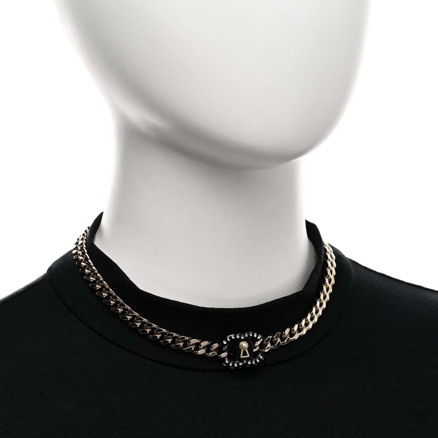 Chanel Crystal Pearl CC Lock Short Necklace Gold Black 2 of 6