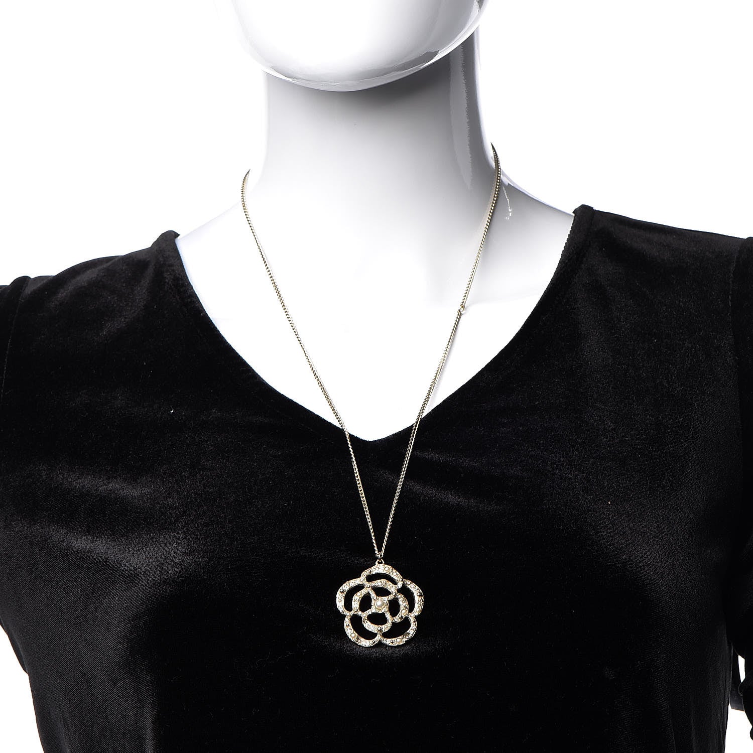 Chanel Crystal Pearl Camellia Necklace Gold 2 of 6