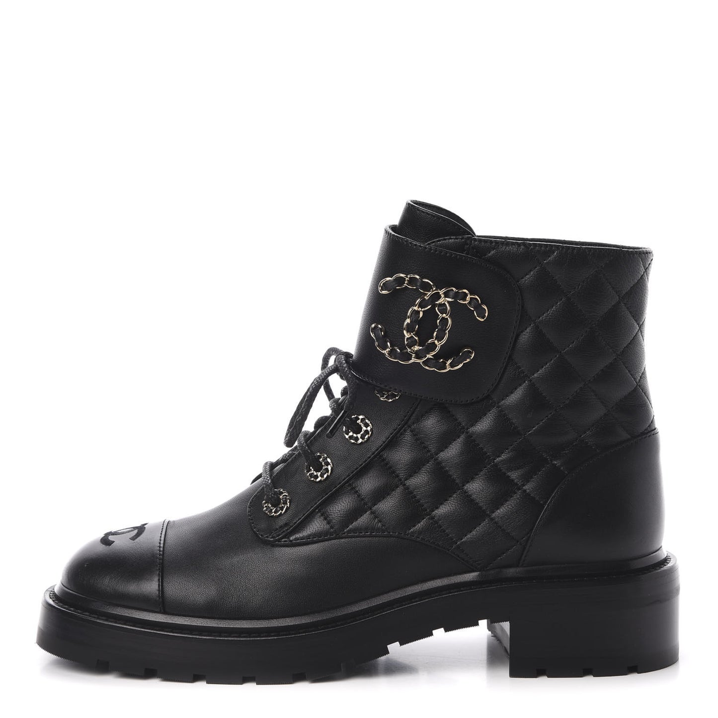 Shiny Goatskin Calfskin Quilted Lace Up Combat Boots 40 Black