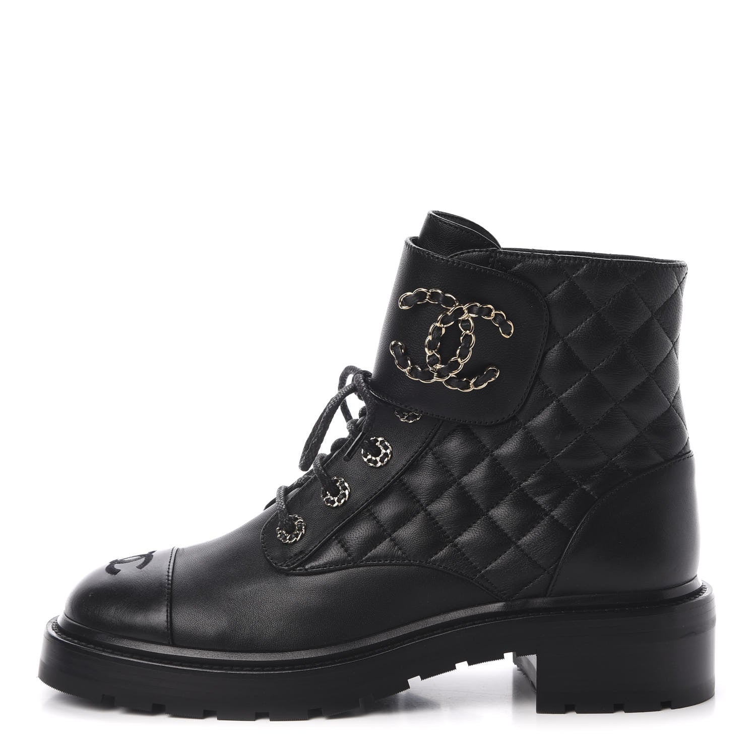 Chanel Shiny Goatskin Calfskin Quilted Lace Up Combat Boots 40 Black 1 of 9