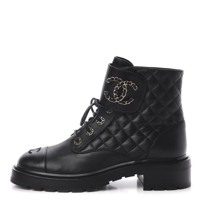 Chanel Shiny Goatskin Calfskin Quilted Lace Up Combat Boots 40 Black 1 of 9