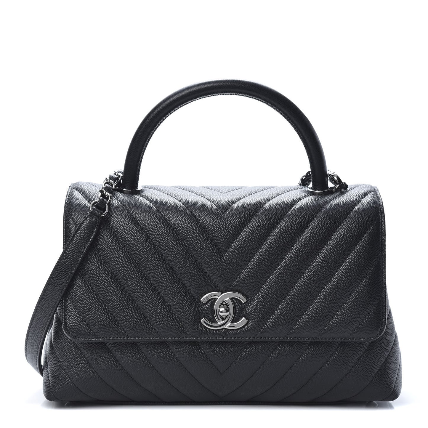 Caviar Chevron Quilted Small Coco Handle Flap Black