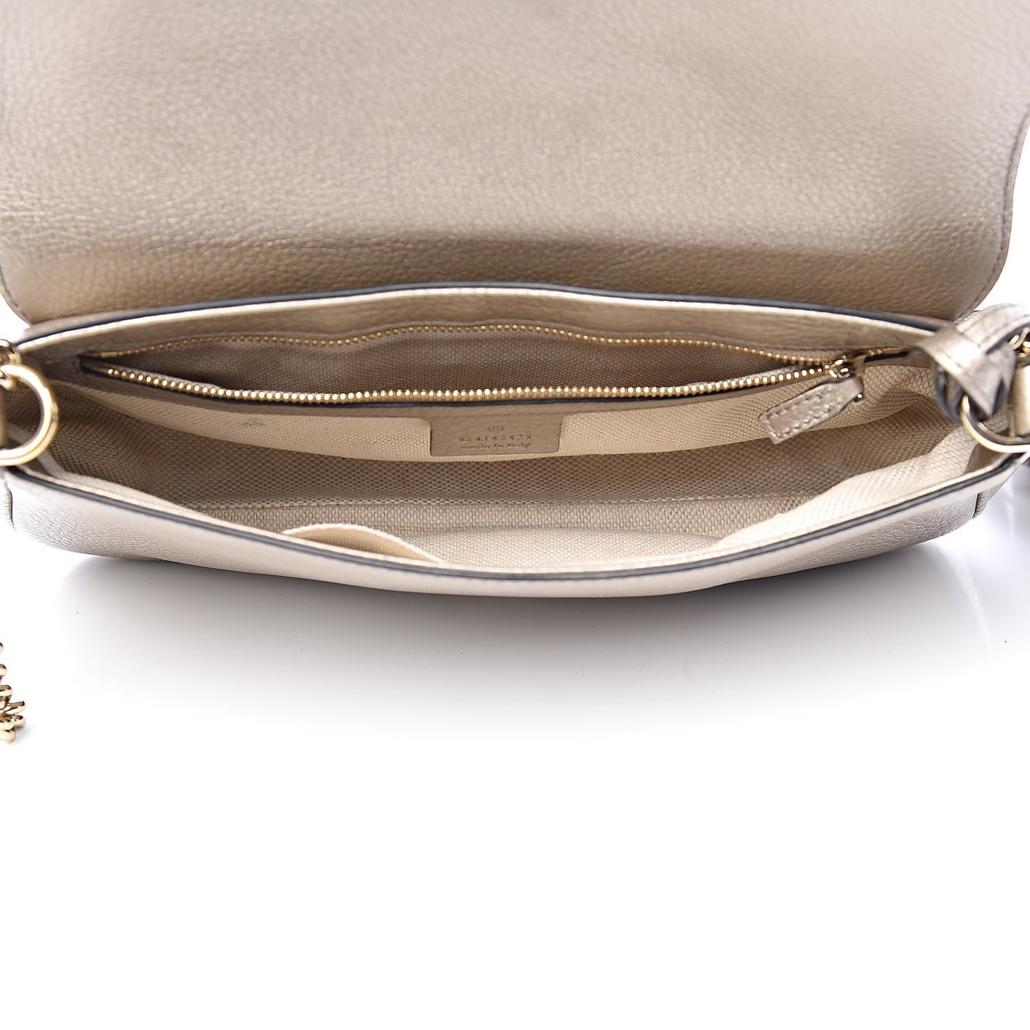 Metallic Pebbled Calfskin Medium Soho Flap Crossbody Golden Beige