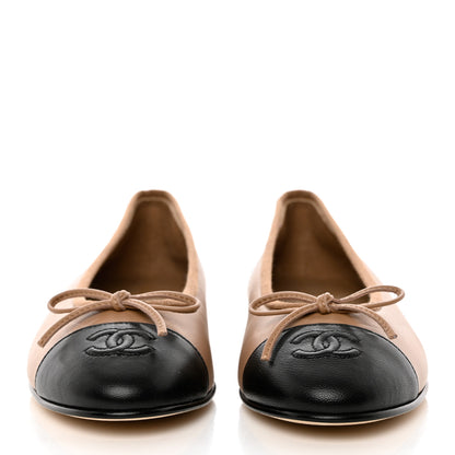 Chanel Lambskin Cap Toe CC Ballerina Flats 37 Beige Black 2 of 10