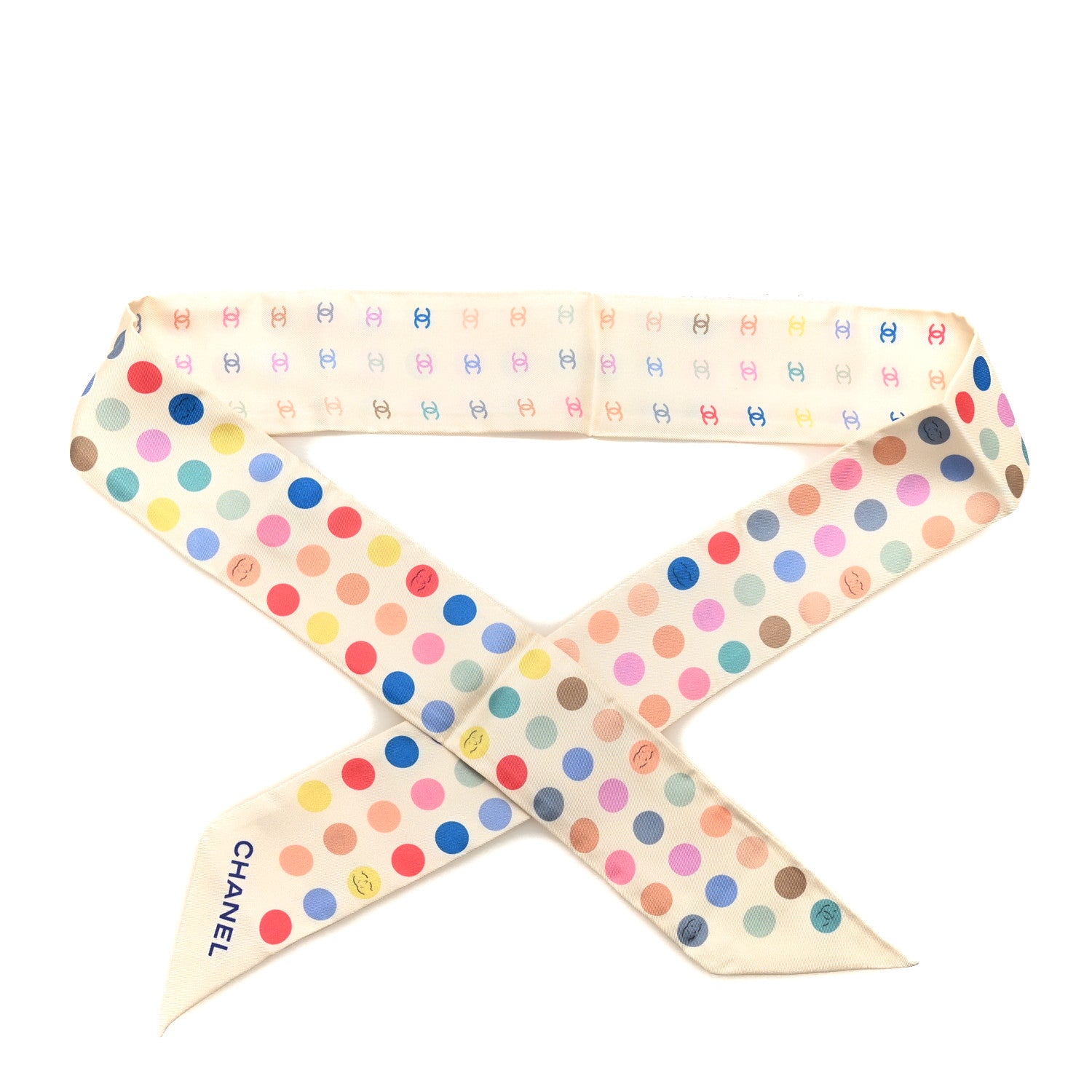 Chanel Silk Polka Dot CC Slim Bandeau Scarf Ivory Multicolor 1 of 3